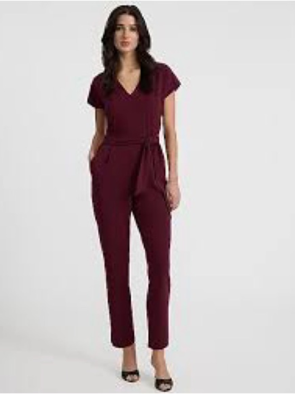 Express Wine V-Neck Short Sleeve Jumpsuit with Tie Waist